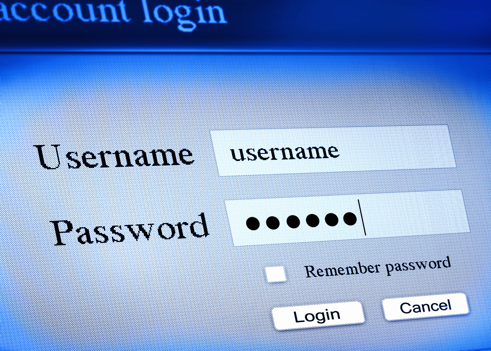 username and password, account login
