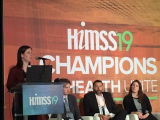 Alexandra Mugge (speaking) and other CMS and ONC officials discuss the just-released proposed rules, at a HIMSS19 session