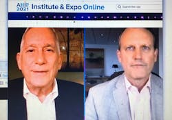 Walter Isaacson (left) and Matt Eyles discussed innovation and other subjects during the opening session of the AHIP Institute on Tuesday Walter Isaacson (left) and Matt Eyles discussed innovation and other subjects during the opening session of the AHIP Institute on Tuesday