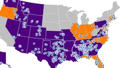 Enhabit&apos;s network of home health (blue) and hospice locations (purple) spans 34 states.