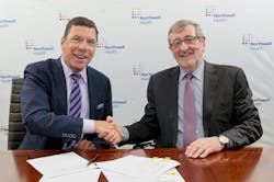 John M. Murphy, M.D., president and CEO of Nuvance Health (left), shakes hands with Northwell President and CEO Michael Dowling, at a signing ceremony. John M. Murphy, M.D., president and CEO of Nuvance Health (left), shakes hands with Northwell President and CEO Michael Dowling, at a signing ceremony.