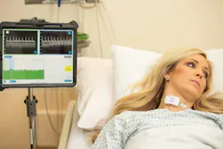 Placed on a patient’s neck, the FloPatch continuously assesses blood flow in the carotid arteries, which provides a window into the left ventricle. FloPatch then wirelessly transmits that data to a secure iOS mobile application, providing clinicians with actionable, real-time data at the bedside. Placed on a patient’s neck, the FloPatch continuously assesses blood flow in the carotid arteries, which provides a window into the left ventricle. FloPatch then wirelessly transmits that data to a secure iOS mobile application, providing clinicians with actionable, real-time data at the bedside.