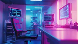 A futuristic medical lab showcases a high-tech environment with multiple computer screens showing data charts, with purple and pink glowing light.. A futuristic medical lab showcases a high-tech environment with multiple computer screens showing data charts, with purple and pink glowing light..