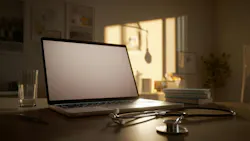 Laptop showing blank screen on doctor’s desk illuminating stethoscope and books at sunset. AI generated.