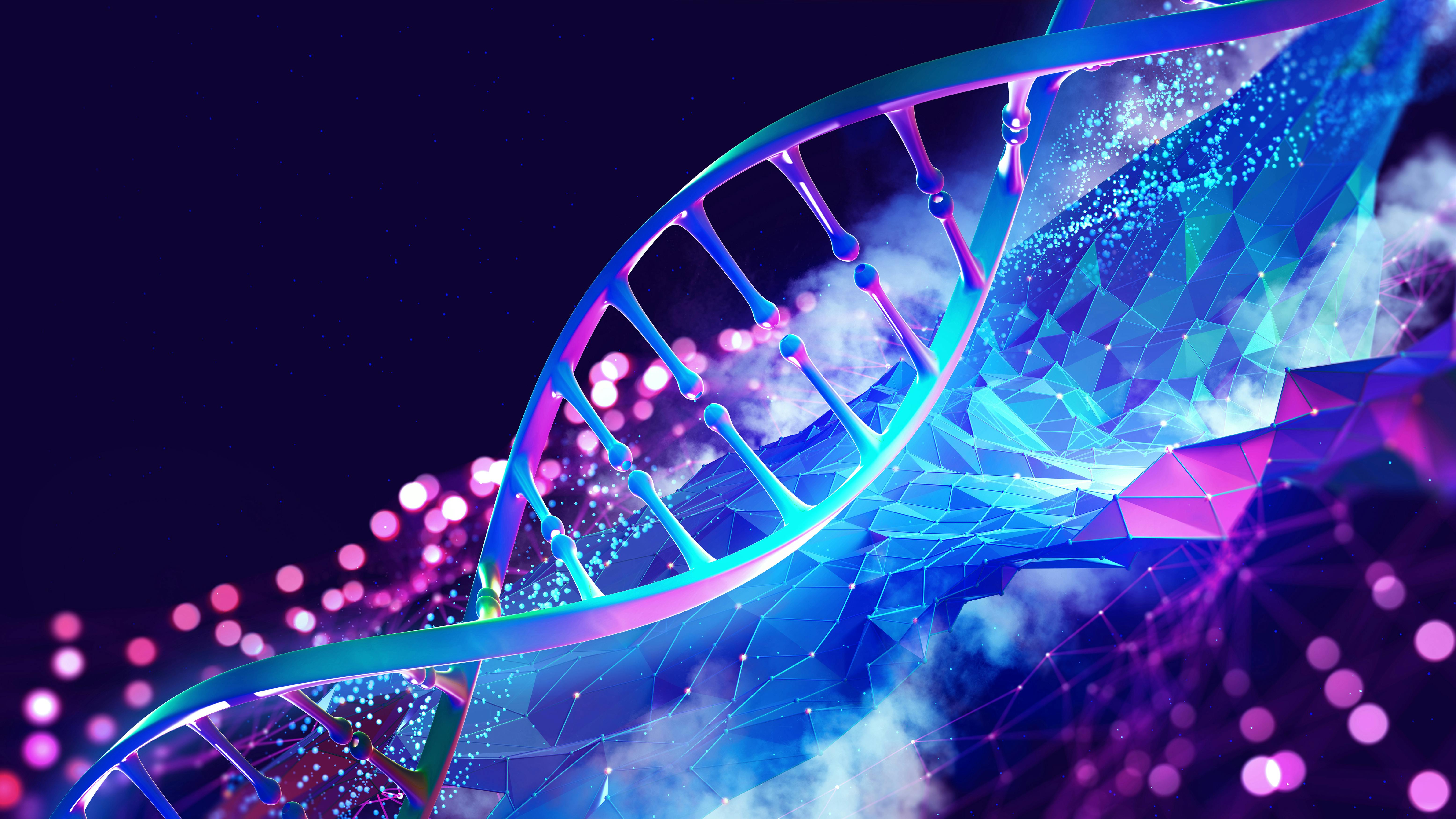 DNA helix 3D illustration of mutations under microscope, decoding genome.