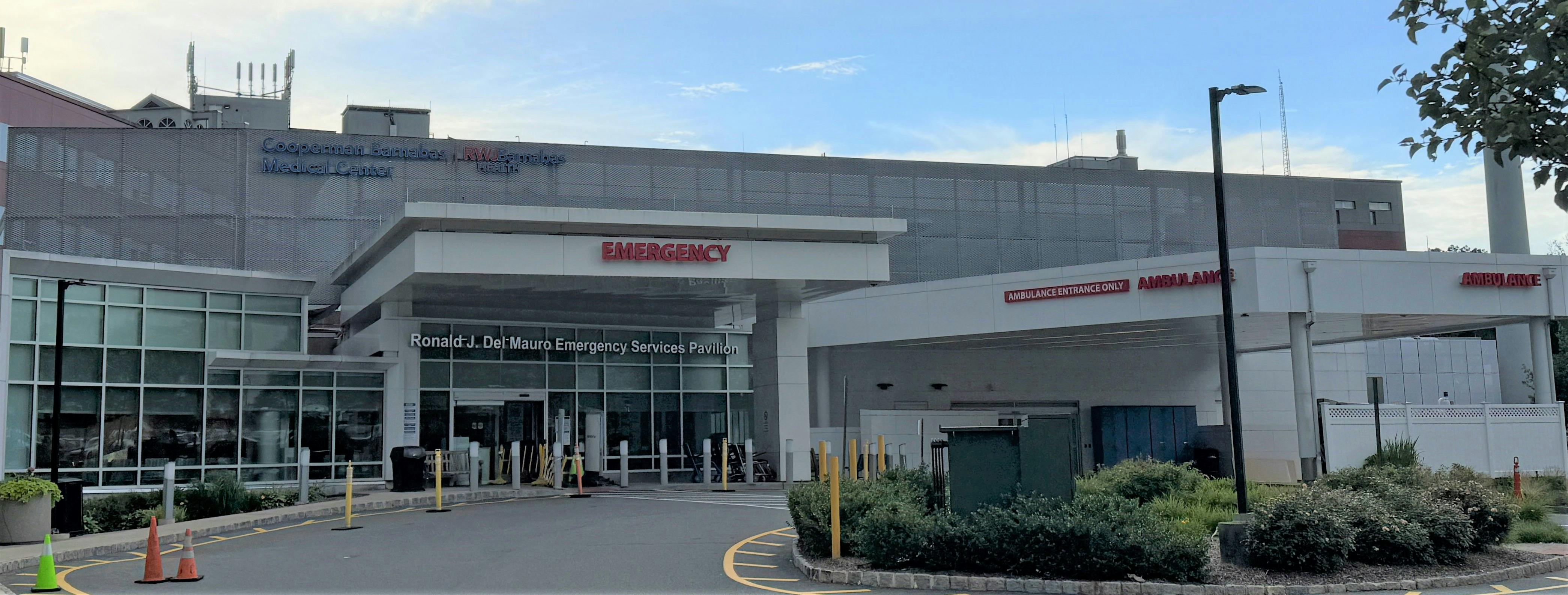 The entrance to the Emergency Department at Cooperman Barnabas Medical Center, Livingston, New Jersey