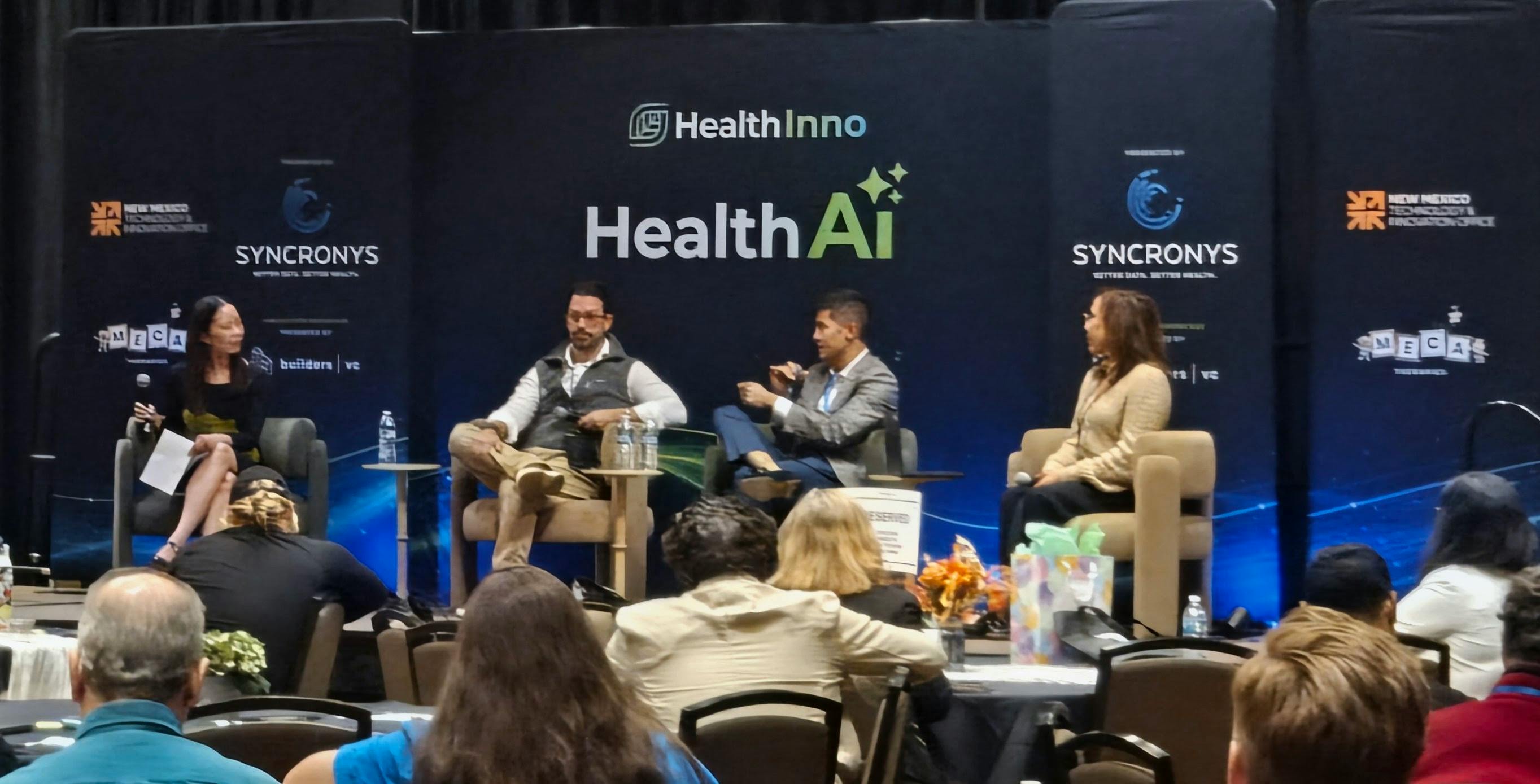 Dr. Dusadee Sarangarm, Nick Rafkind, Dr. David Hoang and Rachel Johannsen discuss a health system pilot during a panel at the HealthAI conference